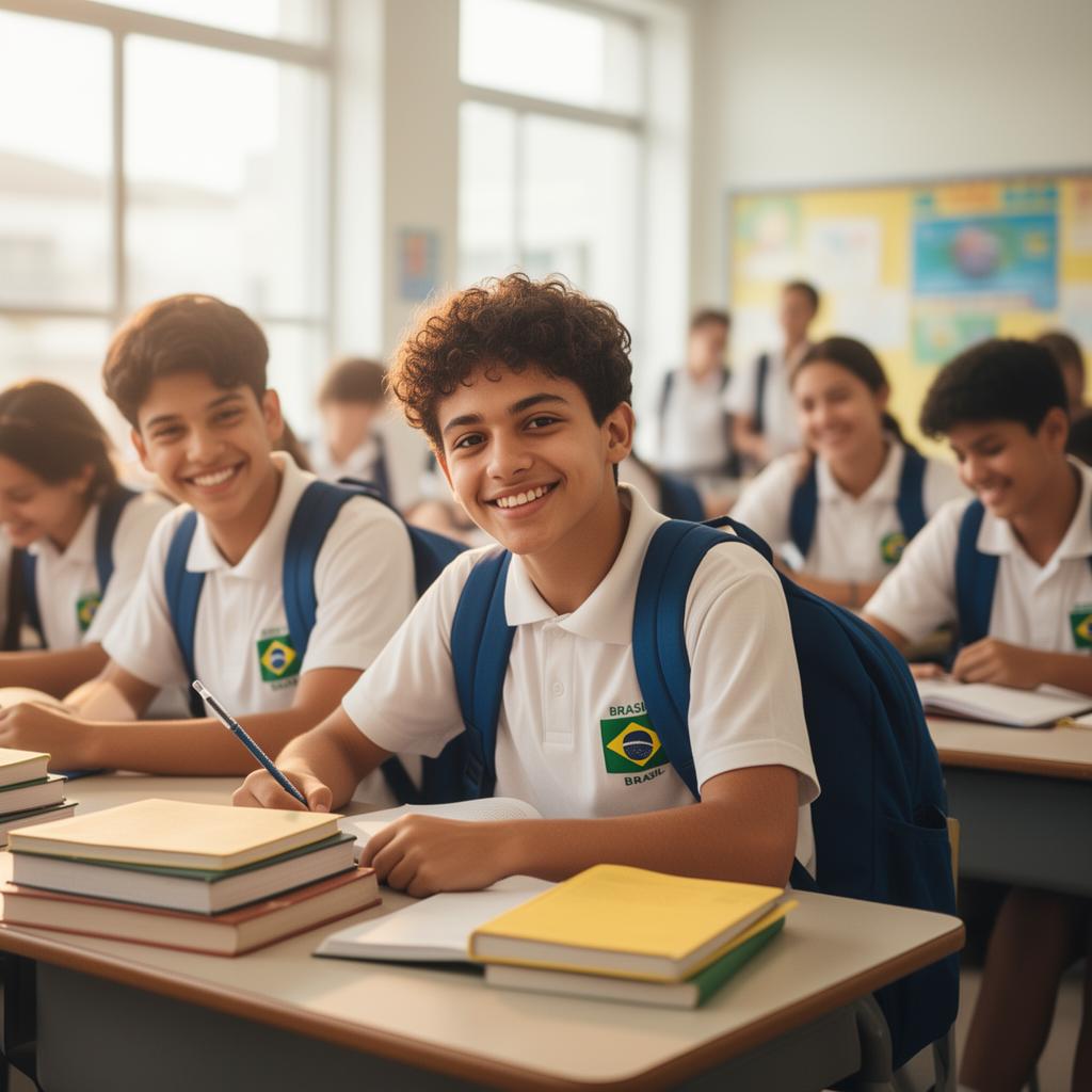 Estudantes felizes em sala de aula