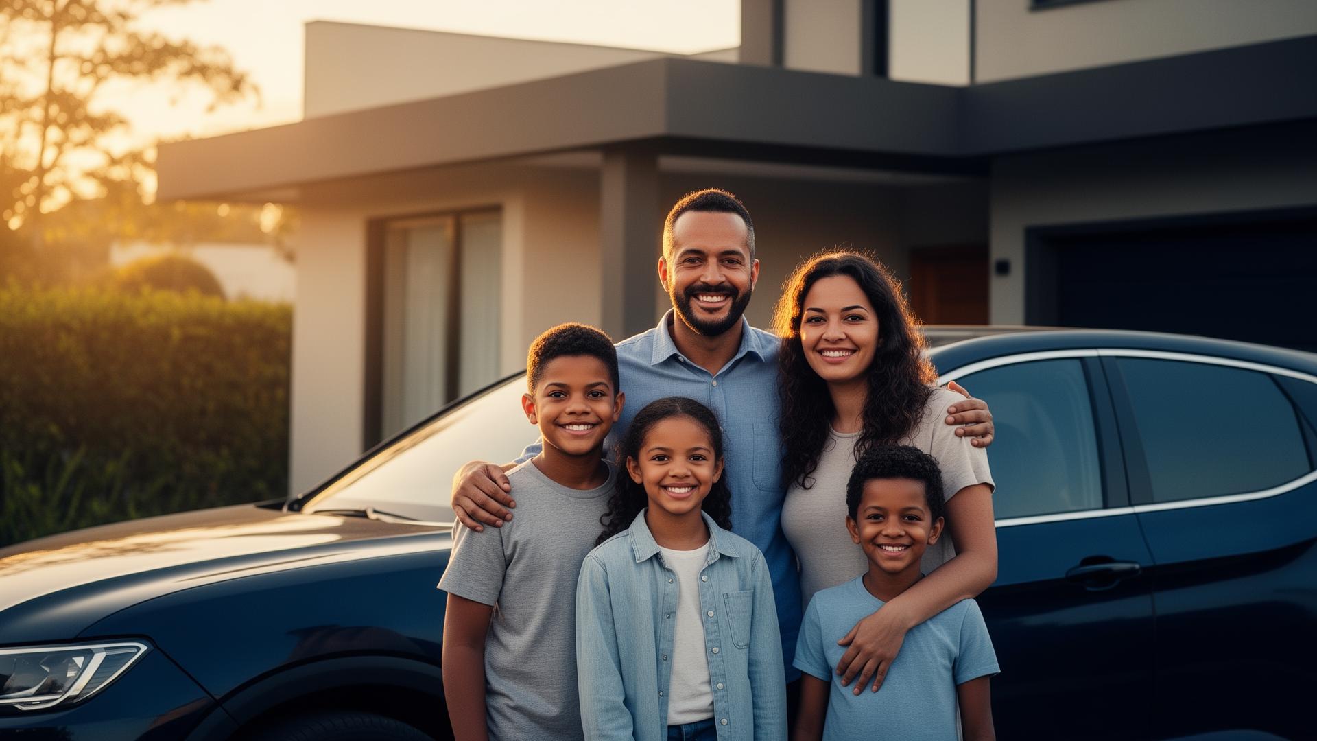 Família protegida em frente à sua casa e carro