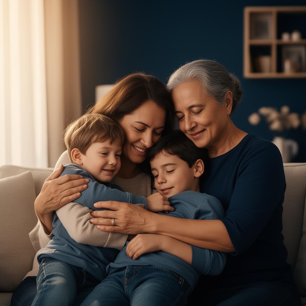 Pais protegendo e abraçando seus filhos em casa